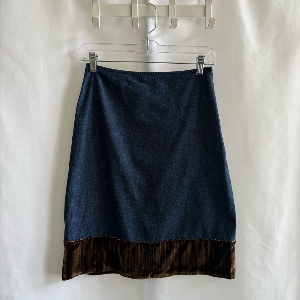 Classic Denim Skirt with Brown Velvet Hem